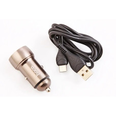 Зарядка в прикурювач 1USB/1Type-C QC 20Вт Hoco + кабель Type-C сірий