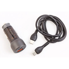 Зарядка в прикурювач 1USB/1Type-C QC 43Вт Hoco + кабель Type-C/Type-C сірий