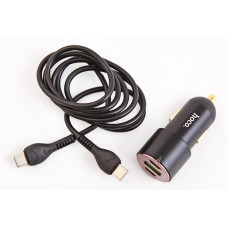 Зарядка в прикурювач 1USB/2Type-C QC 45Вт Hoco + кабель Type-C/Type-C чорний