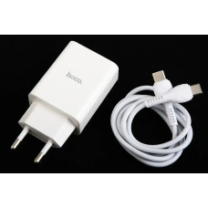 Заряднено QC 220В 20 Вт 1USB + Type-C Hoco з амперметром + кабель TypeC/TypeC білий