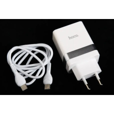 Заряднено QC 220В 30 Вт 2USB + Type-C Hoco + кабель TypeC/TypeC білий