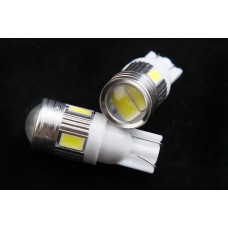 Лампа диодна 12В безцок. T10 6-SMD 5630 скло з лінзою і радіатором LED (2 шт).